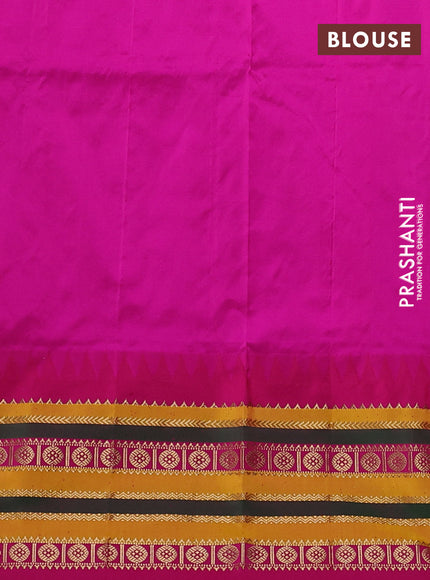 Narayanpet silk saree bottle green and pink with allover zari woven buttas and temple design zari woven border