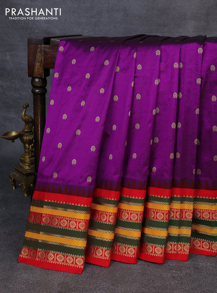 Narayanpet silk saree purple and red with allover zari woven buttas and temple design zari woven border
