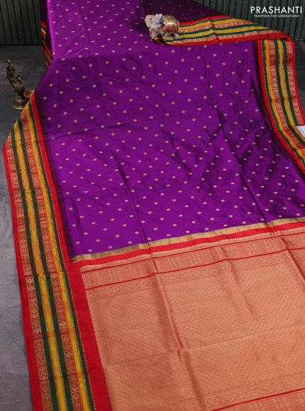 Narayanpet silk saree purple and red with allover zari woven buttas and temple design zari woven border