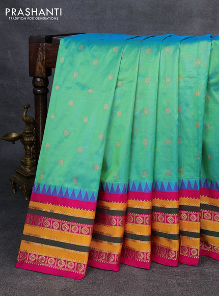 Narayanpet silk saree teal green and pink with allover zari woven buttas and temple design zari woven border