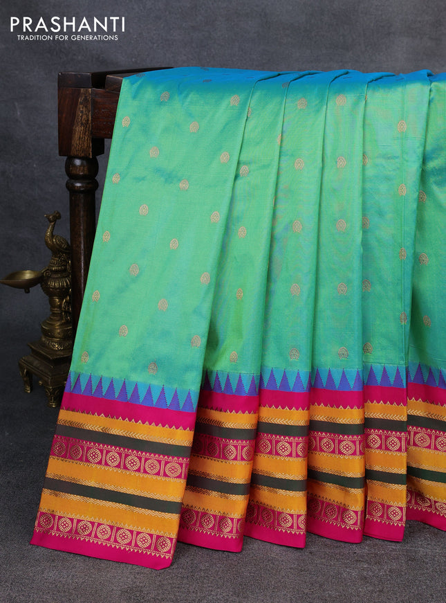 Narayanpet silk saree teal green and pink with allover zari woven buttas and temple design zari woven border