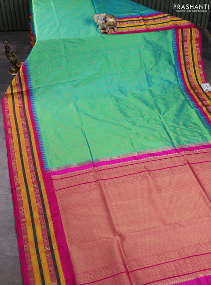 Narayanpet silk saree teal green and pink with allover zari woven buttas and temple design zari woven border
