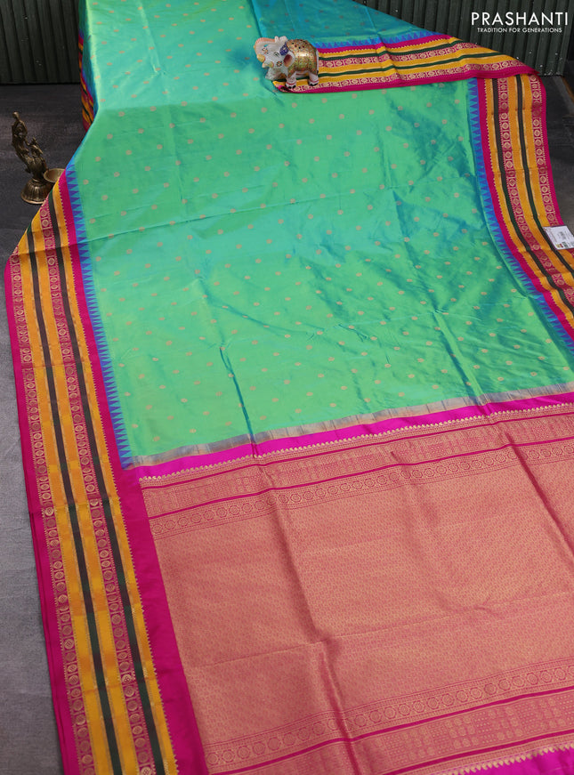 Narayanpet silk saree teal green and pink with allover zari woven buttas and temple design zari woven border
