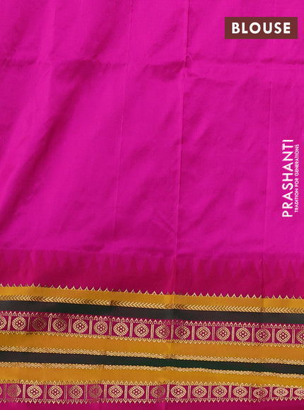 Narayanpet silk saree teal green and pink with allover zari woven buttas and temple design zari woven border