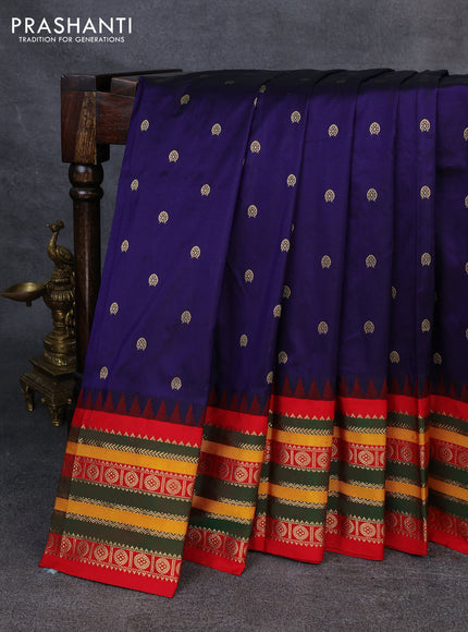 Narayanpet silk saree deep violet and red with allover zari woven buttas and temple design zari woven border