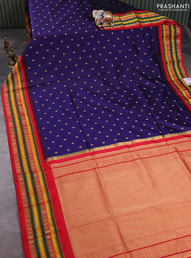Narayanpet silk saree deep violet and red with allover zari woven buttas and temple design zari woven border