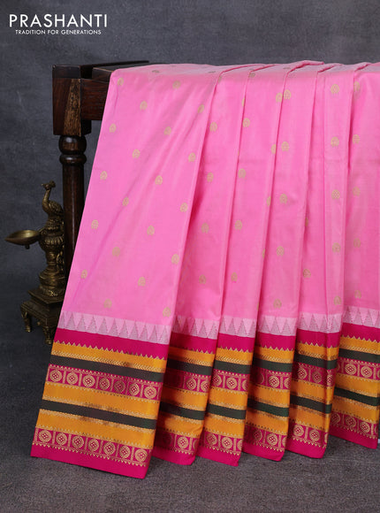 Narayanpet silk saree light pink and pink with allover zari woven buttas and temple design zari woven border