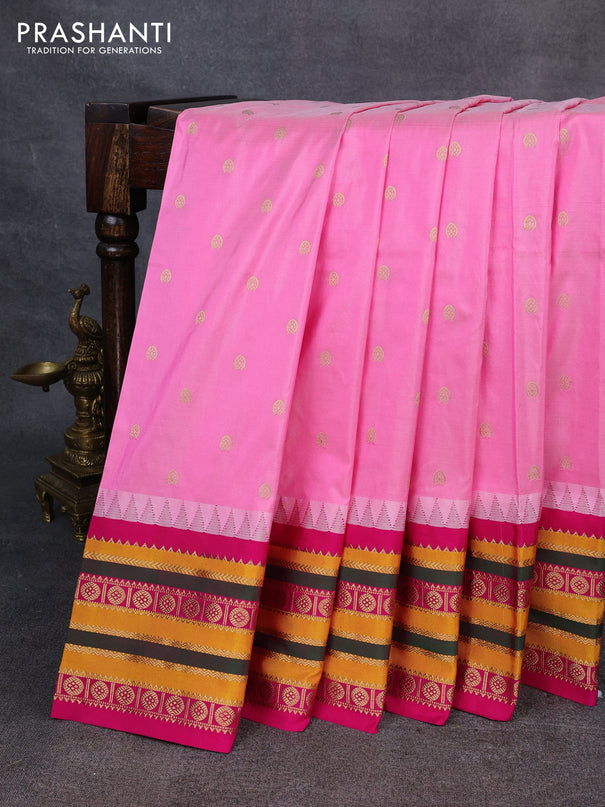 Narayanpet silk saree light pink and pink with allover zari woven buttas and temple design zari woven border