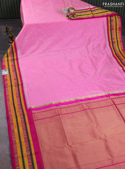 Narayanpet silk saree light pink and pink with allover zari woven buttas and temple design zari woven border