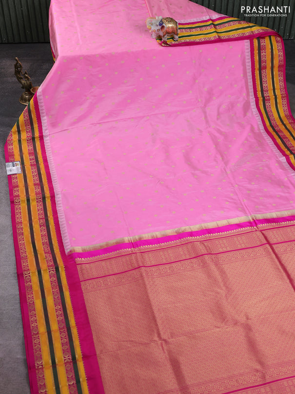 Narayanpet silk saree light pink and pink with allover zari woven buttas and temple design zari woven border