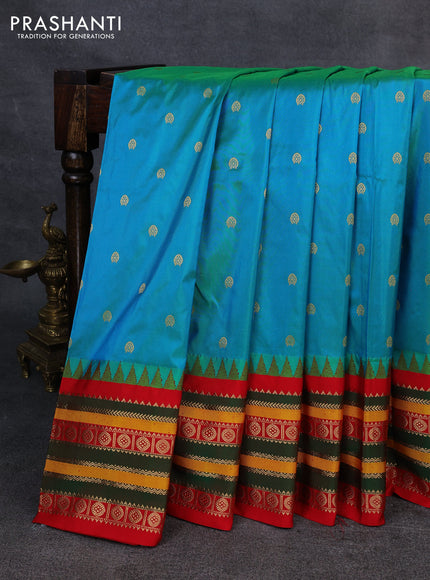 Narayanpet silk saree teal green and red with allover zari woven buttas and temple design zari woven border