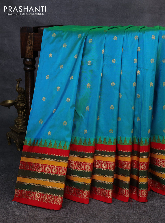Narayanpet silk saree teal green and red with allover zari woven buttas and temple design zari woven border