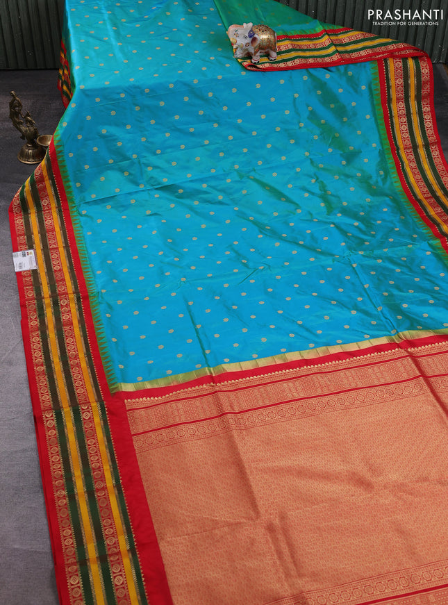 Narayanpet silk saree teal green and red with allover zari woven buttas and temple design zari woven border