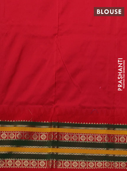 Narayanpet silk saree teal green and red with allover zari woven buttas and temple design zari woven border