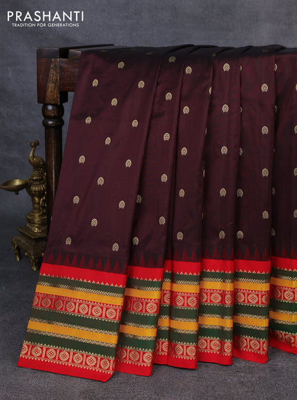 Narayanpet silk saree coffeeb brown and red with allover zari woven buttas and temple design zari woven border