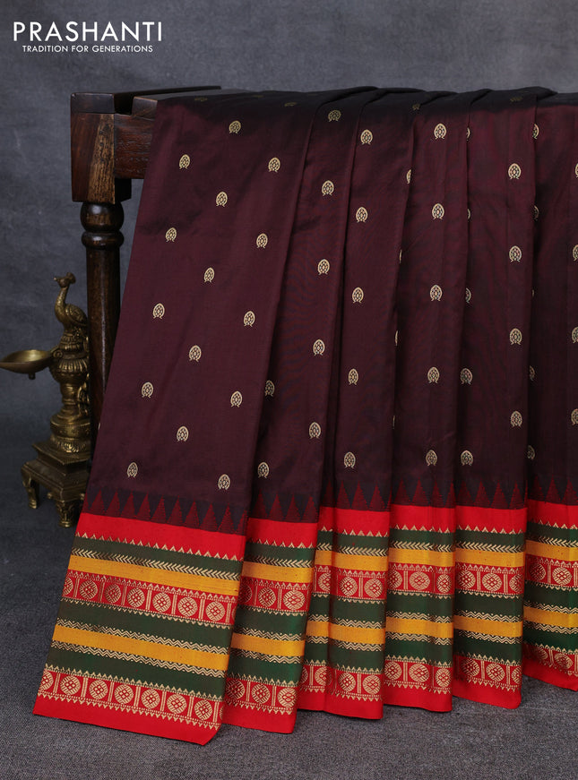 Narayanpet silk saree coffeeb brown and red with allover zari woven buttas and temple design zari woven border