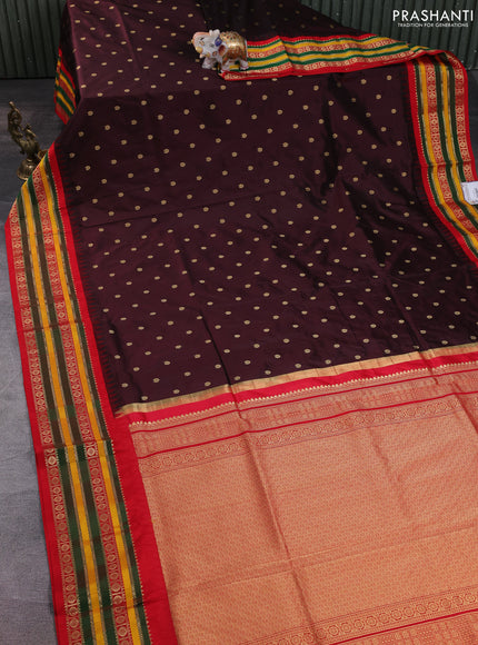 Narayanpet silk saree coffeeb brown and red with allover zari woven buttas and temple design zari woven border