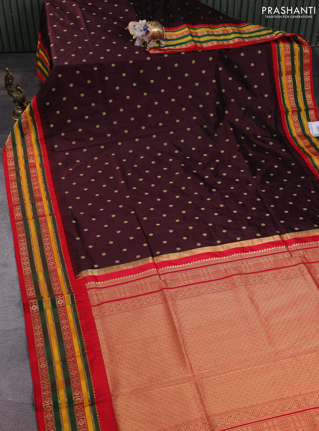 Narayanpet silk saree coffeeb brown and red with allover zari woven buttas and temple design zari woven border