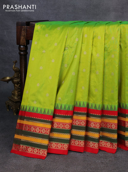 Narayanpet silk saree fluorescent green and red with allover zari woven buttas and temple design zari woven border