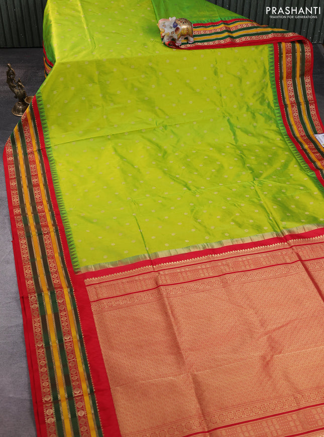 Narayanpet silk saree fluorescent green and red with allover zari woven buttas and temple design zari woven border