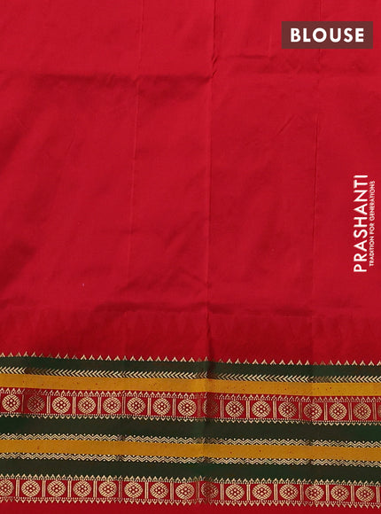 Narayanpet silk saree fluorescent green and red with allover zari woven buttas and temple design zari woven border