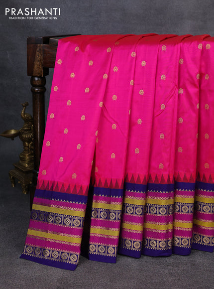 Narayanpet silk saree dark pink and blue with allover zari woven buttas and temple design zari woven border