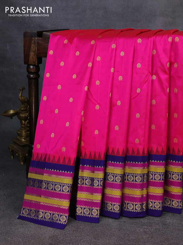 Narayanpet silk saree dark pink and blue with allover zari woven buttas and temple design zari woven border