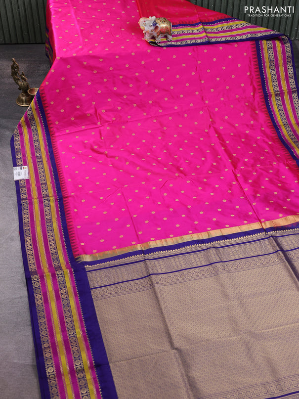 Narayanpet silk saree dark pink and blue with allover zari woven buttas and temple design zari woven border
