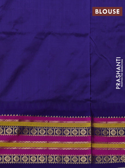 Narayanpet silk saree dark pink and blue with allover zari woven buttas and temple design zari woven border