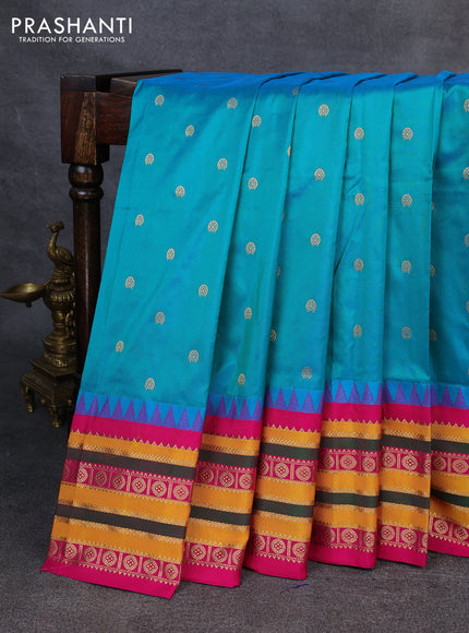 Narayanpet silk saree teal blue and pink with allover zari woven buttas and temple design zari woven border
