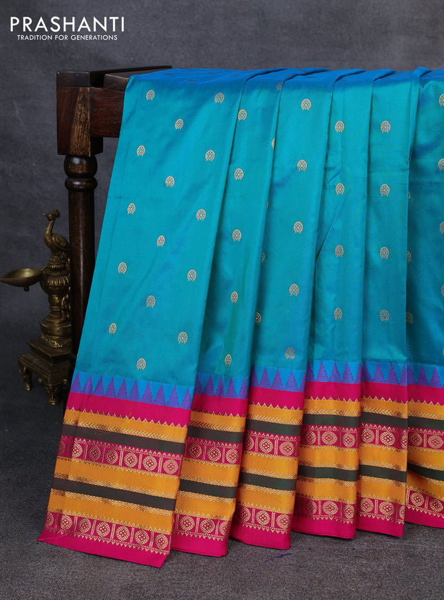 Narayanpet silk saree teal blue and pink with allover zari woven buttas and temple design zari woven border