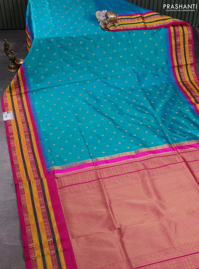 Narayanpet silk saree teal blue and pink with allover zari woven buttas and temple design zari woven border
