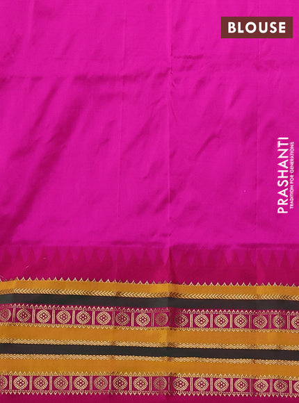 Narayanpet silk saree teal blue and pink with allover zari woven buttas and temple design zari woven border