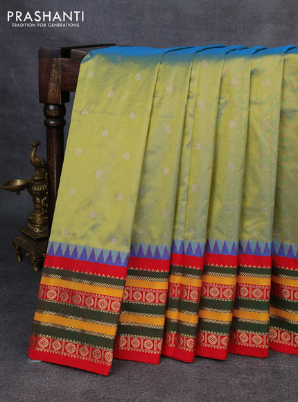 Narayanpet silk saree dual shade of bluish green and red with allover zari woven buttas and temple design zari woven border