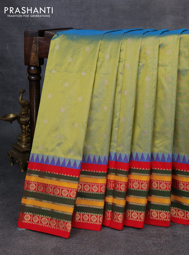 Narayanpet silk saree dual shade of bluish green and red with allover zari woven buttas and temple design zari woven border