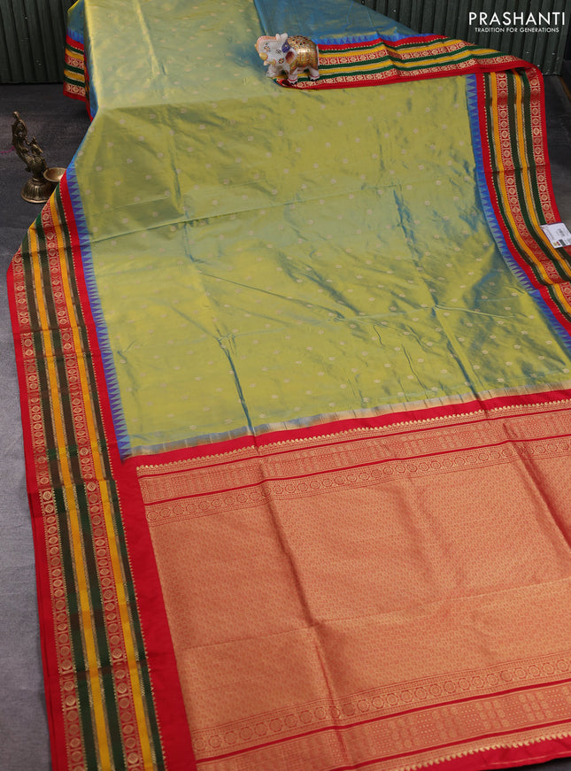 Narayanpet silk saree dual shade of bluish green and red with allover zari woven buttas and temple design zari woven border