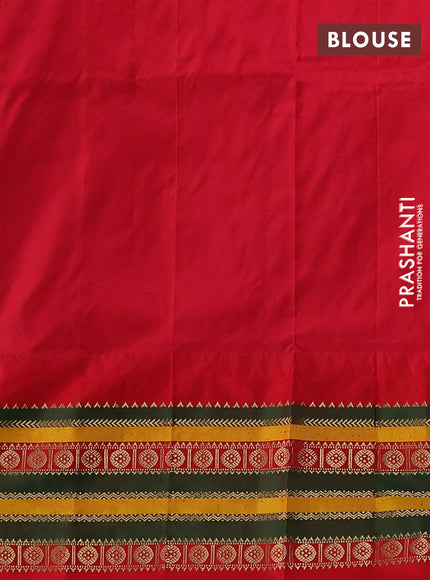 Narayanpet silk saree dual shade of bluish green and red with allover zari woven buttas and temple design zari woven border