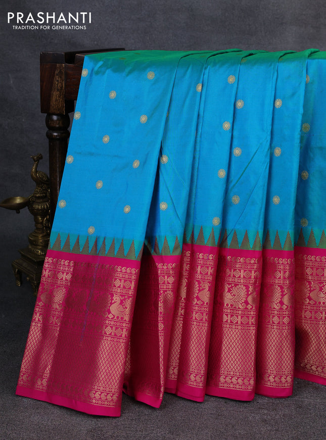 Narayanpet silk saree teal blue and pink with allover zari woven buttas and temple design zari woven border