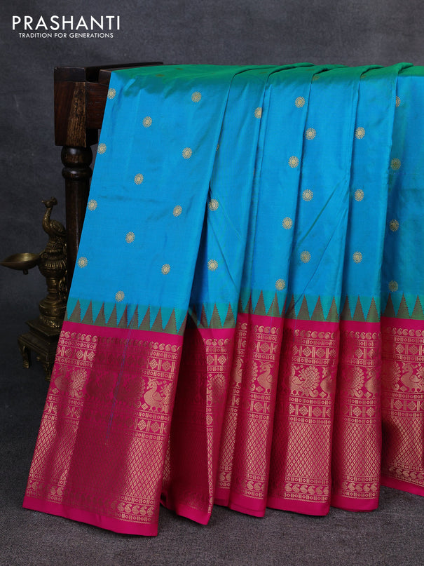 Narayanpet silk saree teal blue and pink with allover zari woven buttas and temple design zari woven border