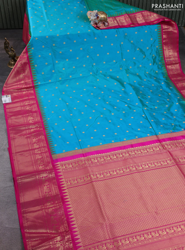 Narayanpet silk saree teal blue and pink with allover zari woven buttas and temple design zari woven border