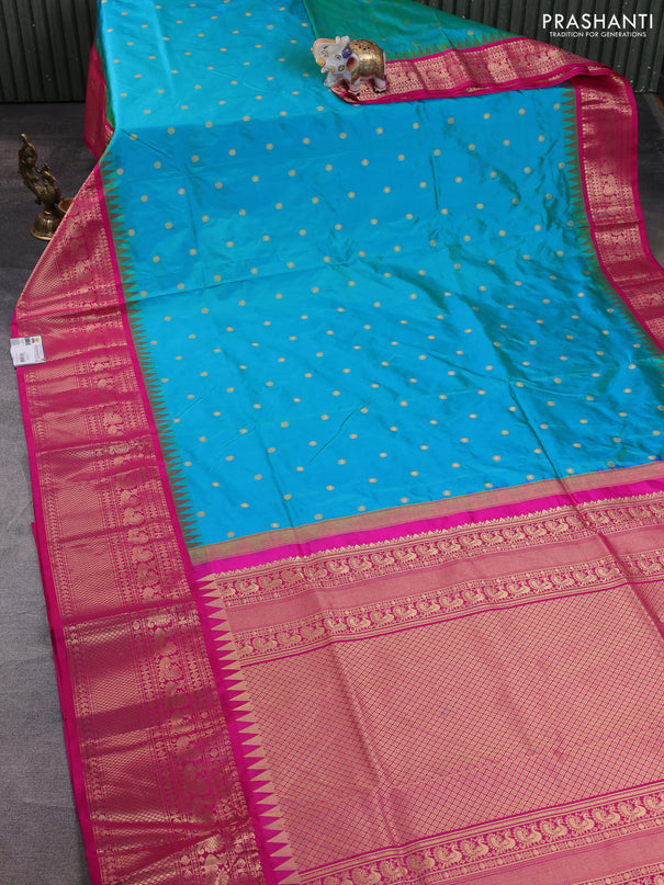 Narayanpet silk saree teal blue and pink with allover zari woven buttas and temple design zari woven border