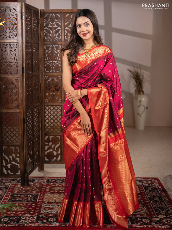Narayanpet silk saree deep wine and red with allover zari woven buttas and temple design long zari woven border