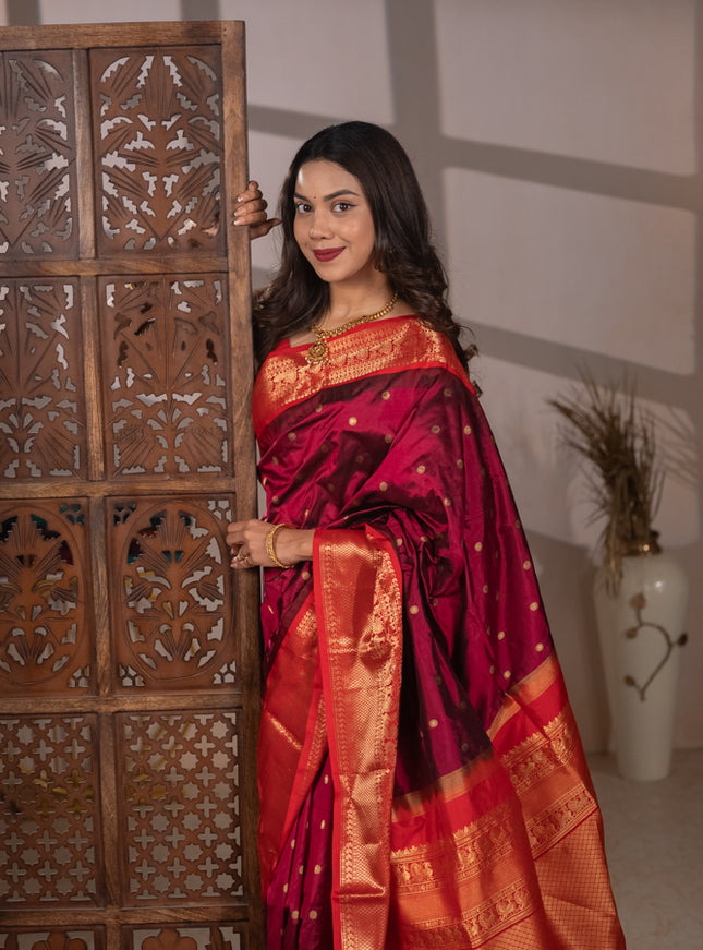 Narayanpet silk saree deep wine and red with allover zari woven buttas and temple design long zari woven border