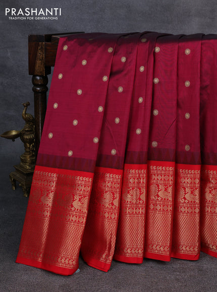 Narayanpet silk saree deep wine and red with allover zari woven buttas and temple design long zari woven border