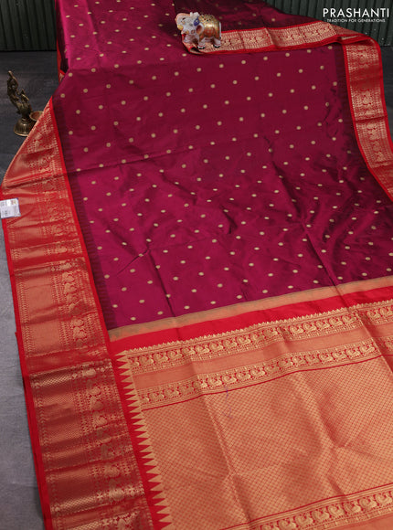 Narayanpet silk saree deep wine and red with allover zari woven buttas and temple design long zari woven border