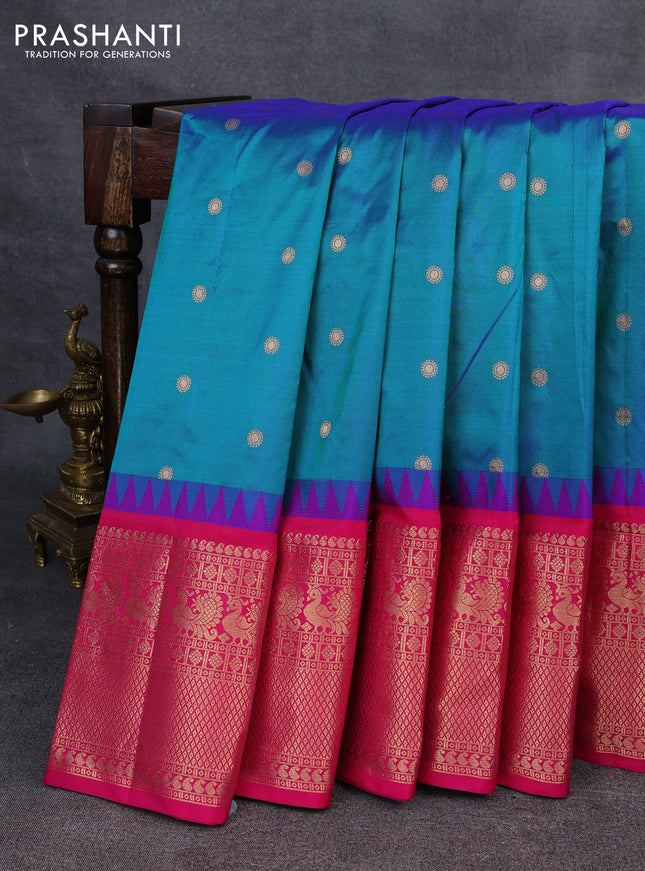 Narayanpet silk saree dual shade of bluish green and pink with allover zari woven buttas and temple design long zari woven border