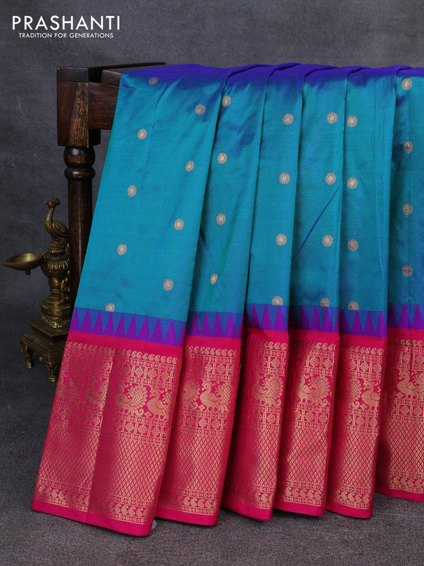 Narayanpet silk saree dual shade of bluish green and pink with allover zari woven buttas and temple design long zari woven border