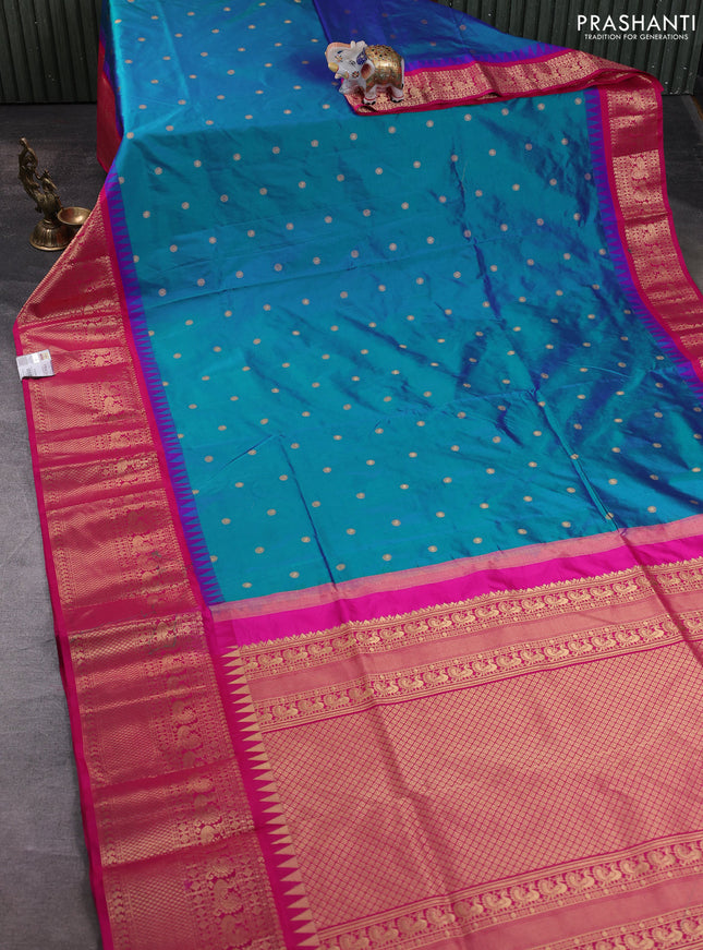 Narayanpet silk saree dual shade of bluish green and pink with allover zari woven buttas and temple design long zari woven border