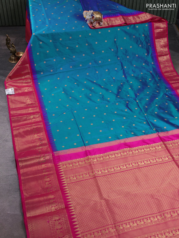 Narayanpet silk saree dual shade of bluish green and pink with allover zari woven buttas and temple design long zari woven border