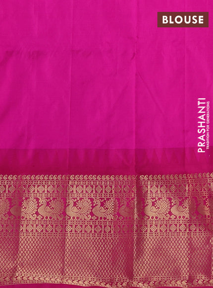 Narayanpet silk saree dual shade of bluish green and pink with allover zari woven buttas and temple design long zari woven border